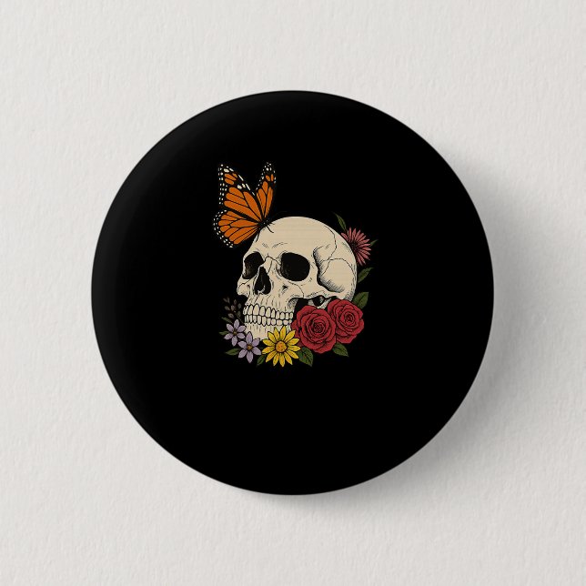 Totenköpfe Monarch Schmetterling Blumen Halloween  Button (Vorderseite)