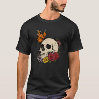 Totenköpfe Monarch Schmetterling Blumen Halloween  T-Shirt