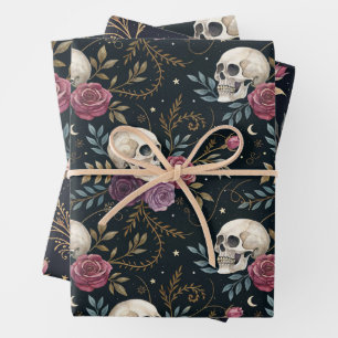 Totenköpfe & Rosen Geschenkpapier Set