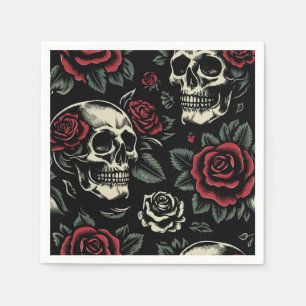 Totenköpfe & Rote Rosen Gothic Floral  Serviette