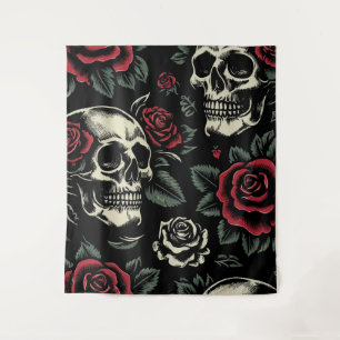 Totenköpfe & Rote Rosen Gothic Floral  Wandteppich
