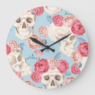 Totenköpfe und Rosen Vintage-Muster Große Wanduhr