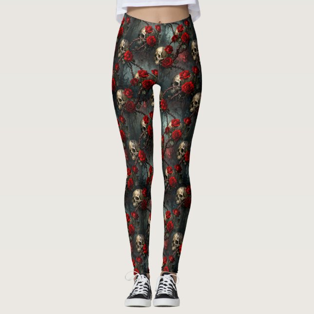 Totenköpfe und rote Kletterrosen Leggings (Vorderseite)