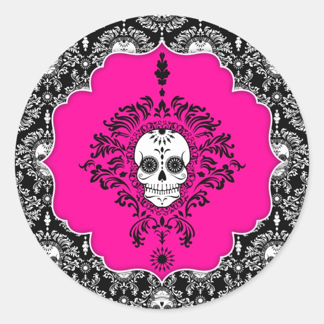 Toter Damast - Chic Sugar Skull Runder Aufkleber (Vorderseite)