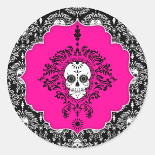 Toter Damast - Chic Sugar Skull Runder Aufkleber