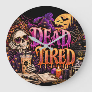 Toter müder Halloween-Gotik-Skelett-Hexe-Kaffee Große Wanduhr