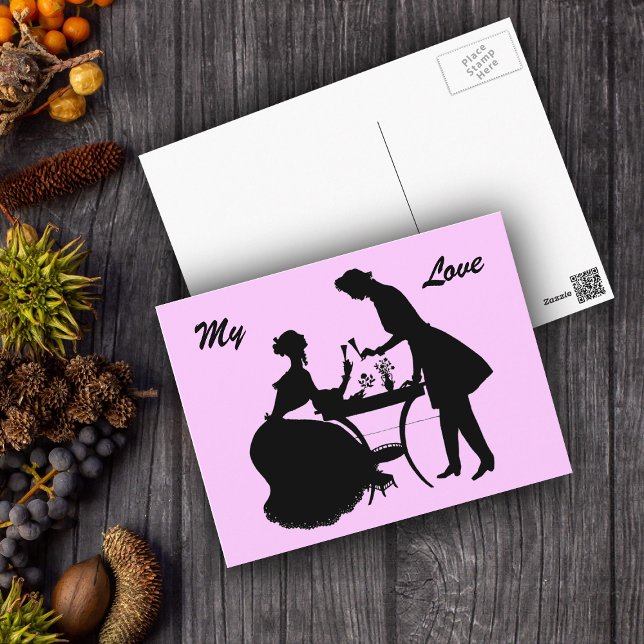 Toto Liebe Romantisches Viktorianisches Paar Postk Postkarte (Romantic vintage couple black silhouette sharing wine on pink postcard.)