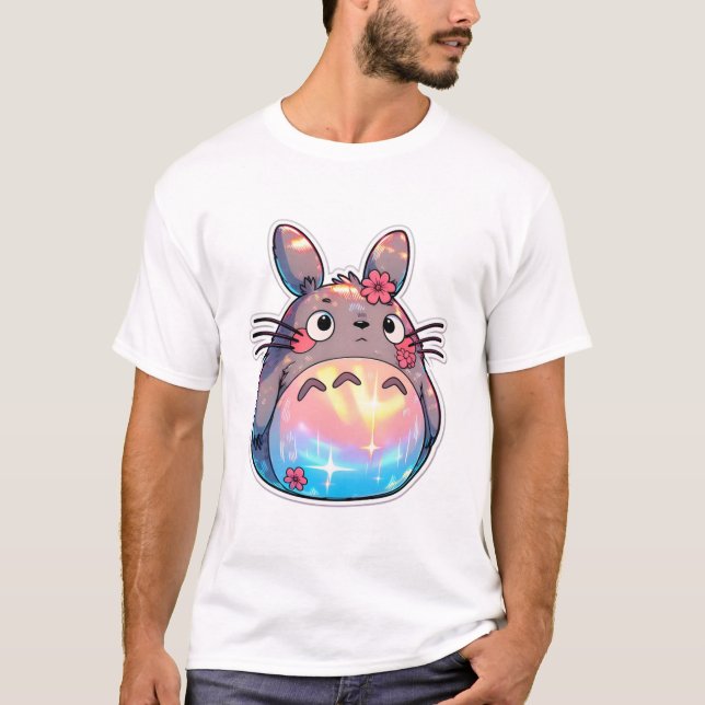 Totoro mit Regenbogenbauch und Blumen Süß Whimsig T-Shirt (Vorderseite)