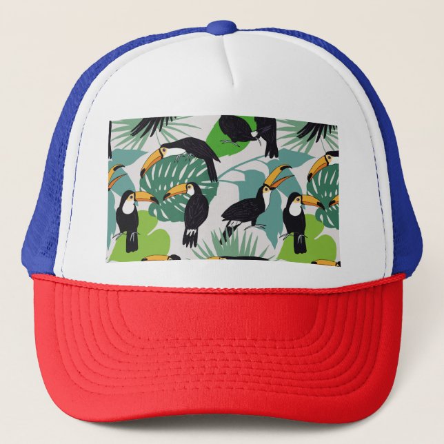 Toucan Bird: Palm Blätter Pattern Truckerkappe (Vorderseite)