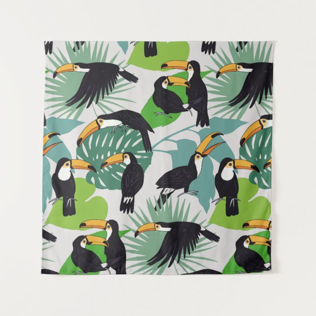 Toucan Bird: Palm Blätter Pattern Wandteppich (Vorderseite)