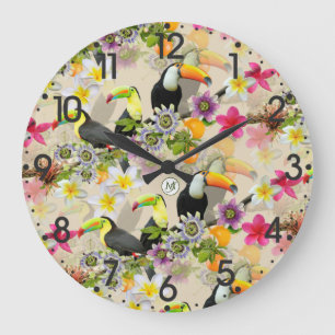 Toucan Birds, Passion Blume, Plumeria Tropical L Große Wanduhr