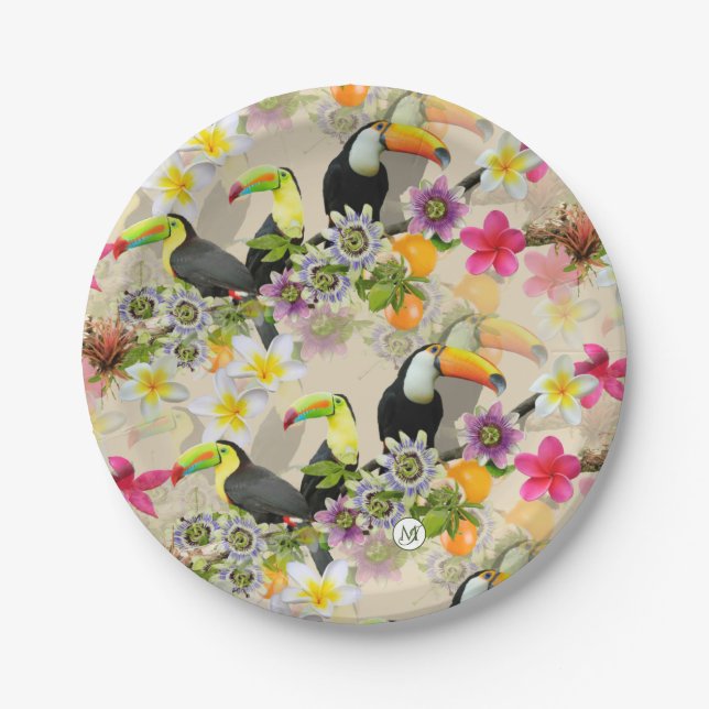 Toucan Birds, Passion Blume, Plumeria Tropical P Pappteller (Vorderseite)