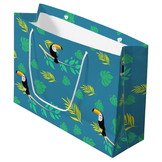 Toucan Blue und Green Tropenwald Große Geschenktüte (Vorderseite Schrägansicht)