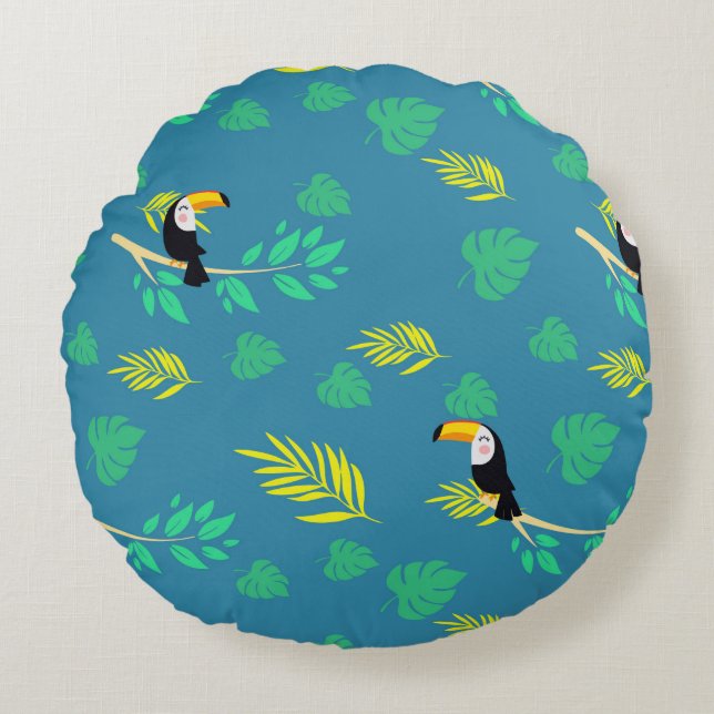 Toucan Blue und Green Tropenwald Rundes Kissen (Vorderseite)