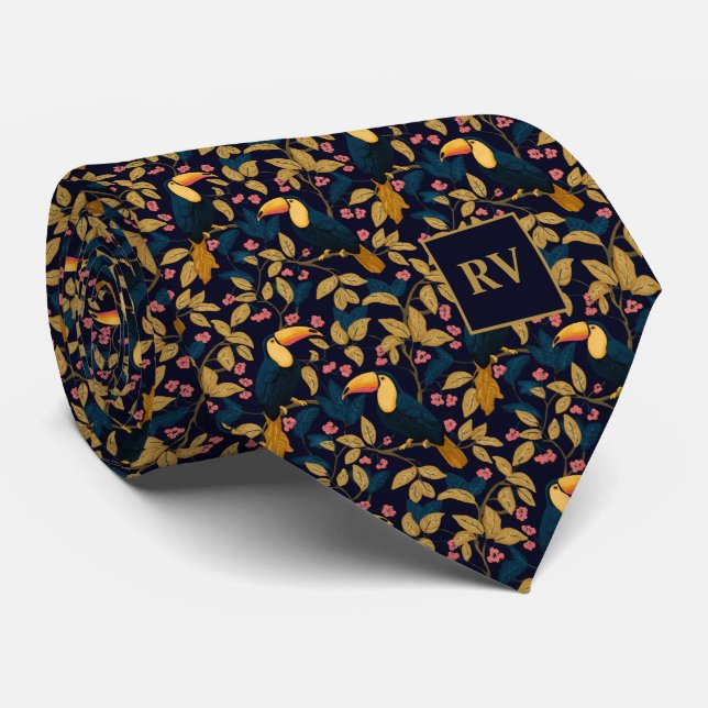 Toucan Foliage on Navy Blue Krawatte (Gerollt)