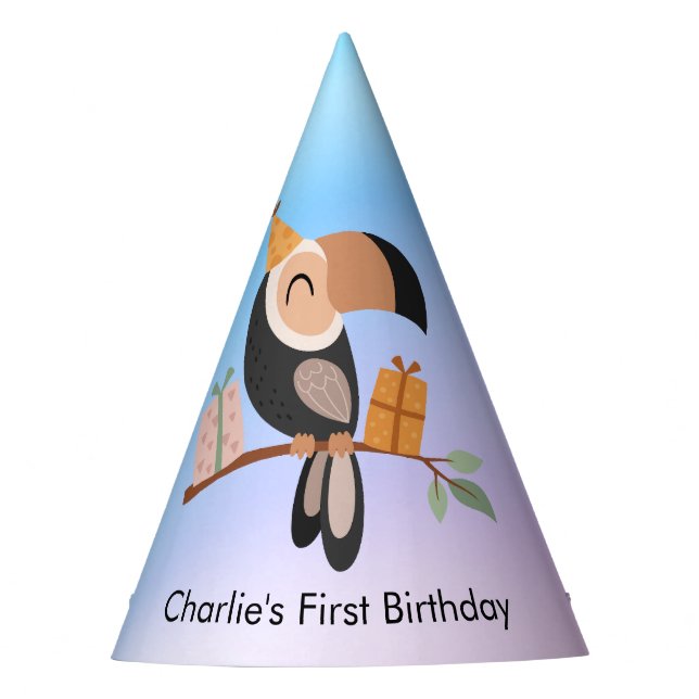 Toucan mit Geschenken, Geburtstag Partyhütchen (Vorderseite)