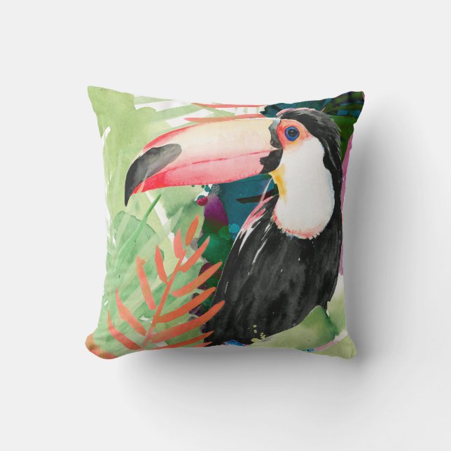 Toucan Portrait mit tropischen Blätter Kissen (Vorderseite)