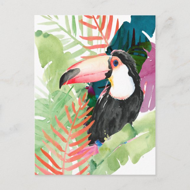 Toucan Portrait mit tropischen Blätter Postkarte (Vorderseite)