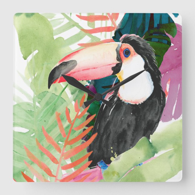 Toucan Portrait mit tropischen Blätter Quadratische Wanduhr (Vorderseite)