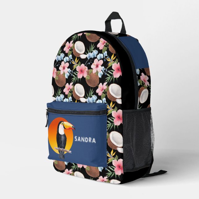 Toucan Tropical Floral and Coconut Bedruckter Rucksack (Rückseitige Ecke Rechts)