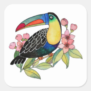 Toucan-Vogel mit Blume Quadratischer Aufkleber