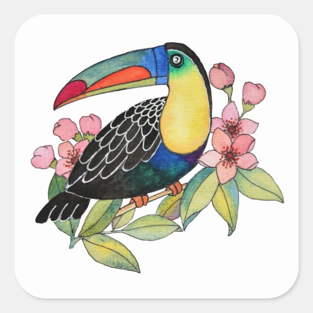 Toucan-Vogel mit Blume Quadratischer Aufkleber (Vorderseite)