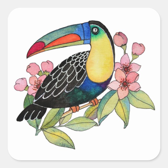 Toucan-Vogel mit Blume Quadratischer Aufkleber (Vorderseite)