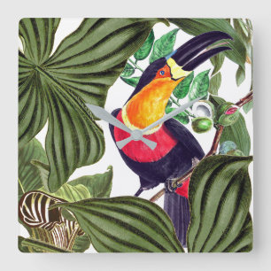Toucan Vogel-Tier-Tier-Blätter-Wand-Uhr Quadratische Wanduhr