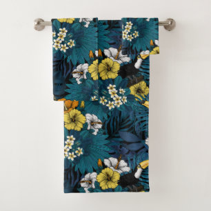 Toucans and tropical flora, blue , yellow , orange badhandtuch set