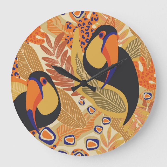 Toucans auf Ästen, nahtlos tropisches Muster. Große Wanduhr (Vorderseite)
