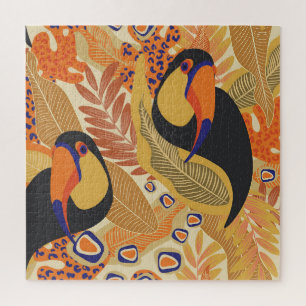 Toucans auf Ästen, nahtlos tropisches Muster. Puzzle