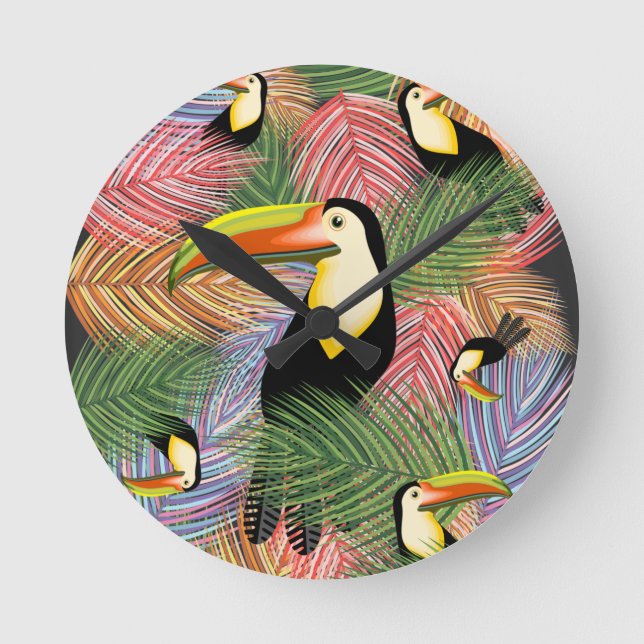 Toucans auf dem Dschungel Exotic Summer Pattern Runde Wanduhr (Vorderseite)