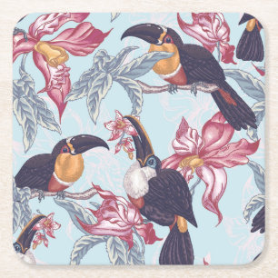 Toucans mit exotischen Blumen Rechteckiger Pappuntersetzer