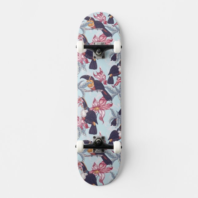Toucans mit exotischen Blumen Skateboard (Vorderseite)
