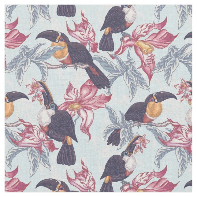 Toucans mit exotischen Blumen Stoff (Nahaufnahme)