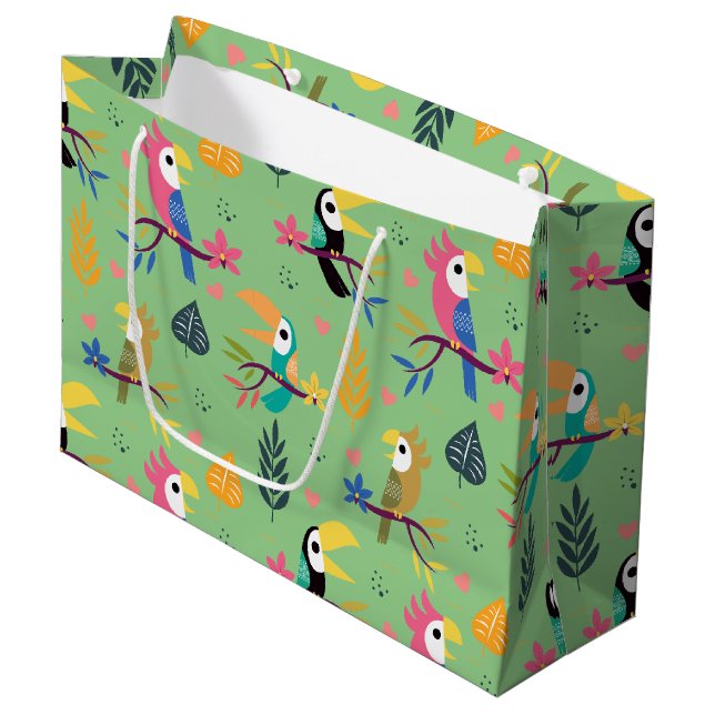 Toucans & Parrotts Große Geschenktüte (Vorderseite Schrägansicht)