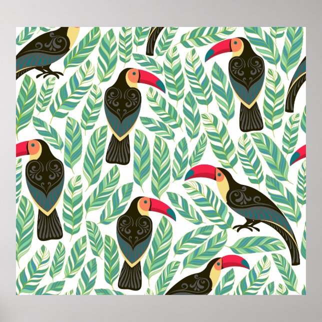 Toucans, tropische Blätter, dekorative Muster. Poster (Vorne)