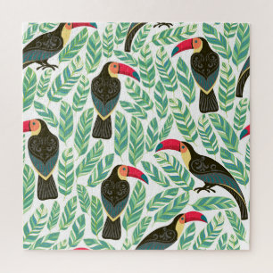 Toucans, tropische Blätter, dekorative Muster. Puzzle