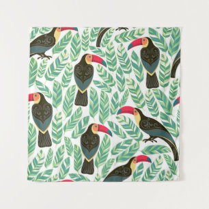 Toucans, tropische Blätter, dekorative Muster. Wandteppich