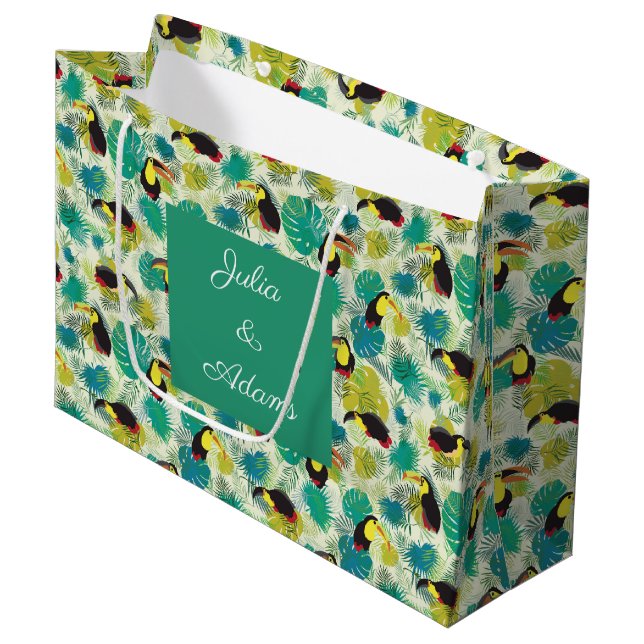 Toucans White Gift Bag Große Geschenktüte (Vorderseite Schrägansicht)