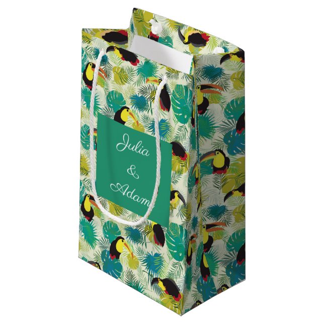 Toucans White Gift Bag Kleine Geschenktüte (Vorderseite Schrägansicht)