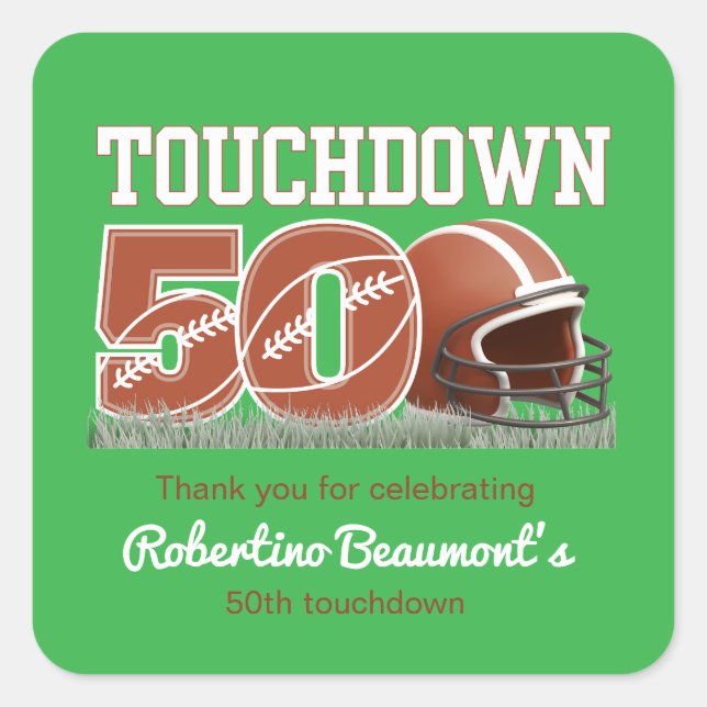 Touchdown 50 Funny Football 50. Geburtstag Quadratischer Aufkleber (Vorderseite)