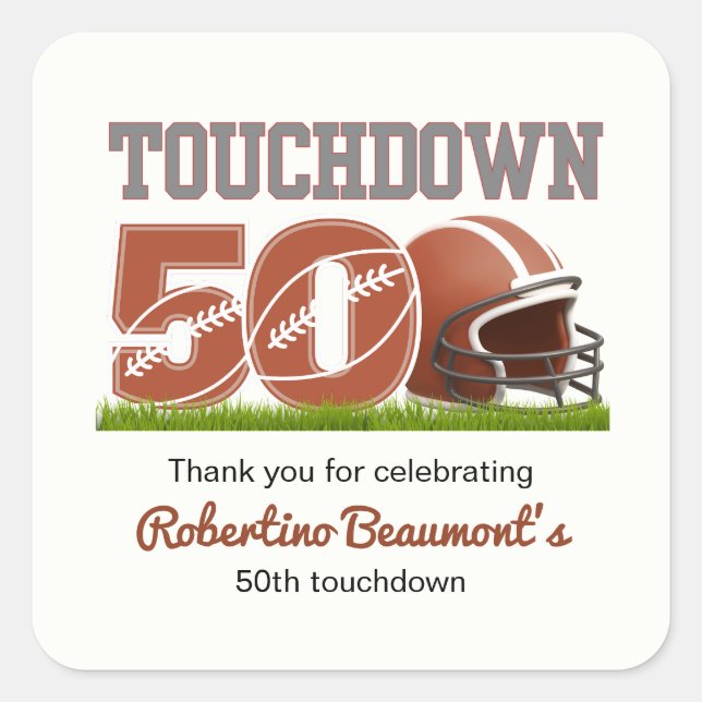 Touchdown 50 Funny Football 50. Geburtstag Quadratischer Aufkleber (Vorderseite)