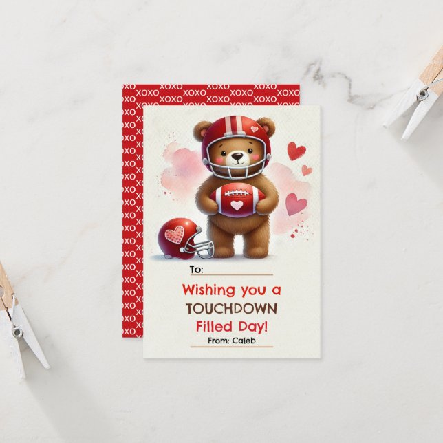Touchdown Football Teddy Bear Valentine's Day Card Einladung (Vorderseite/Rückseite Beispiel)