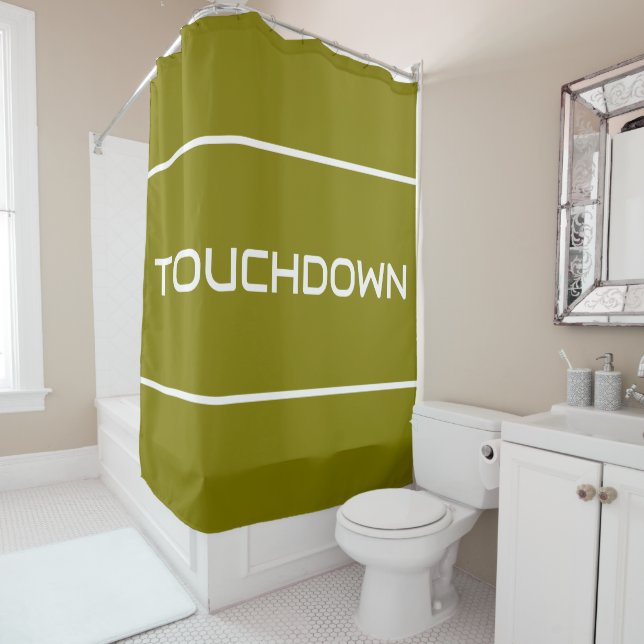 TOUCHDOWN Sleek Modern White Text Stripes On Olive Duschvorhang (Beispiel)