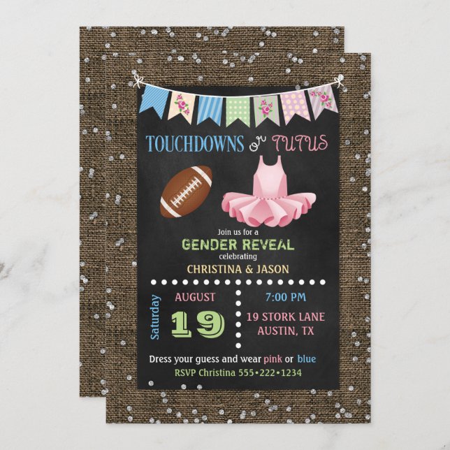 Touchdowns auf Chalkboards oder Tutus-Gender-Übers Einladung (Vorne/Hinten)