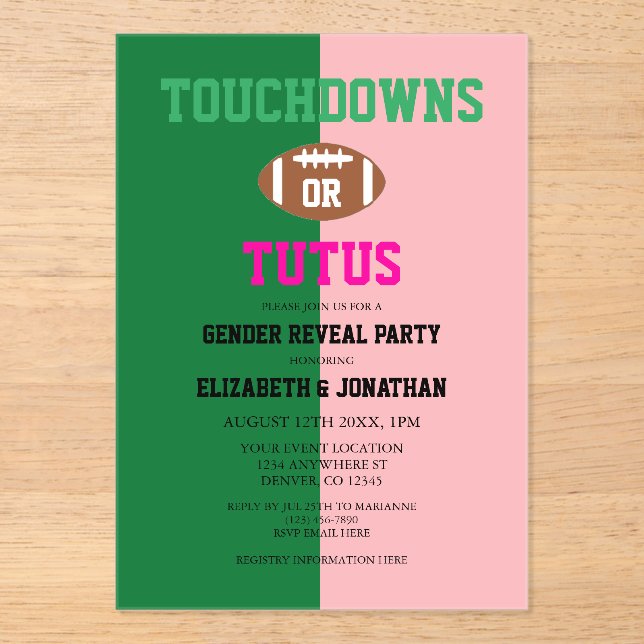 Touchdowns oder Tutus Gender Reveal Acryleinladungen (Vorderseite)