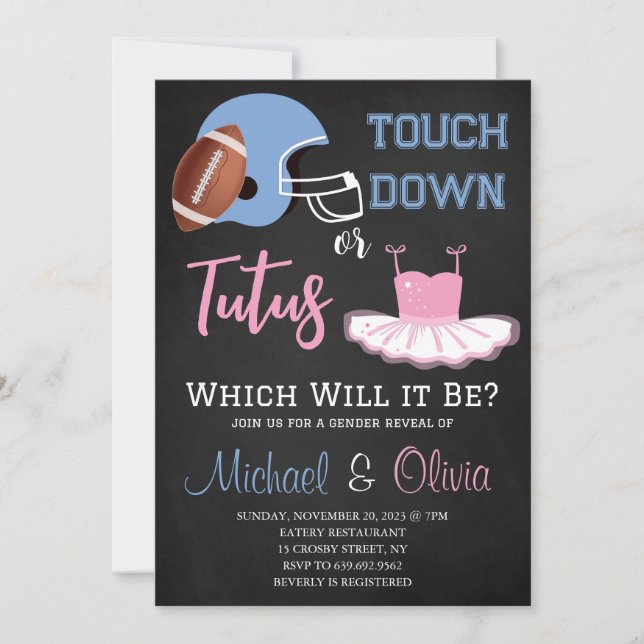 TOUCHDOWNS ODER TUTUS Gender Reveal Baby Shower Einladung (Vorderseite)