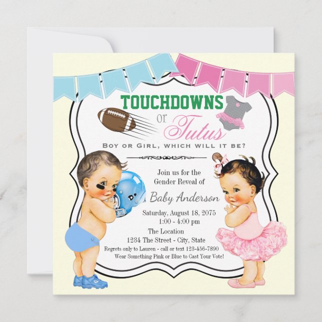 Touchdowns oder Tutus Gender Reveal Einladung (Vorderseite)