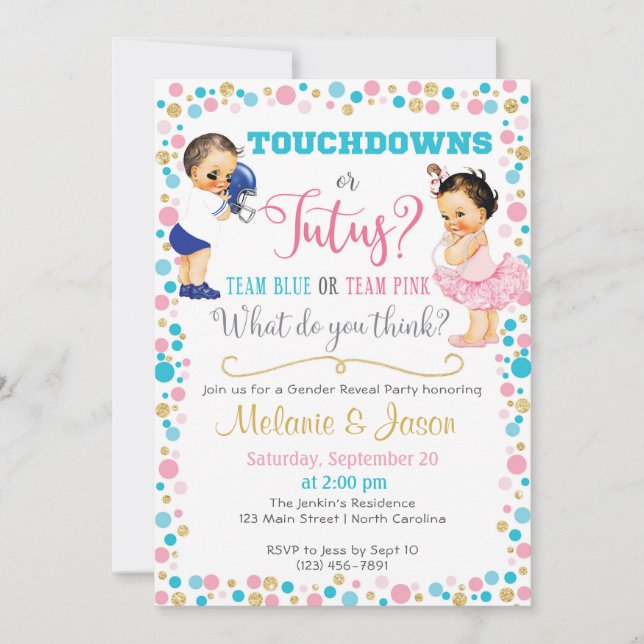 Touchdowns oder Tutus Gender Reveal Einladung (Vorderseite)